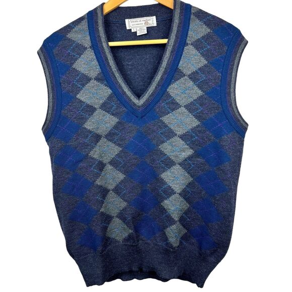 Tricots St. Raphael Blue Gray Argyle Virgin Wool Sweater Vest Large Knit - Picture 1 of 9
